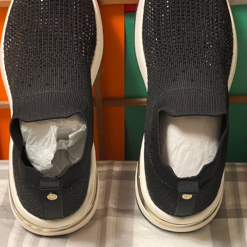Anne Klein Black Knit Slip-On Sneakers with White Soles